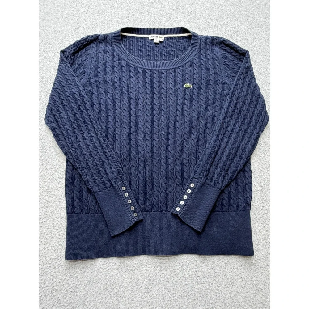 Lacoste Sweater Womens 44 Blue 100% Cotton Cable Knit Logo Button Cuff Pullover